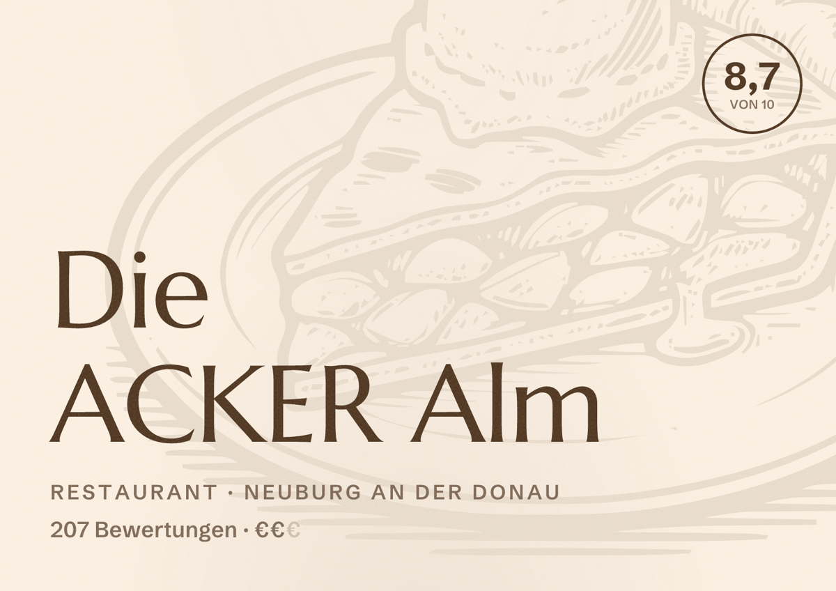 Illustriertes Poster von Die ACKER Alm, Restaurant in Neuburg an der Donau: Bewertung 8,7 von 10 aus 207 Bewertungen, Preisniveau €€