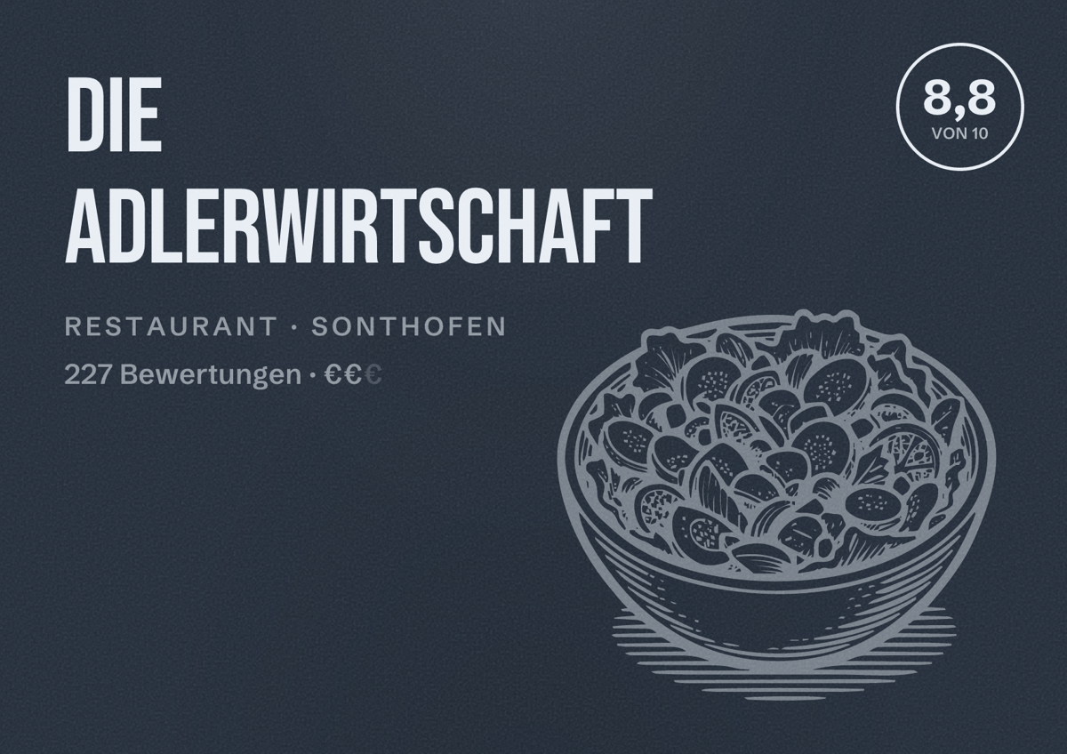 Illustriertes Poster von Die Adlerwirtschaft, Restaurant in Sonthofen: Bewertung 8,8 von 10 aus 227 Bewertungen, Preisniveau €€