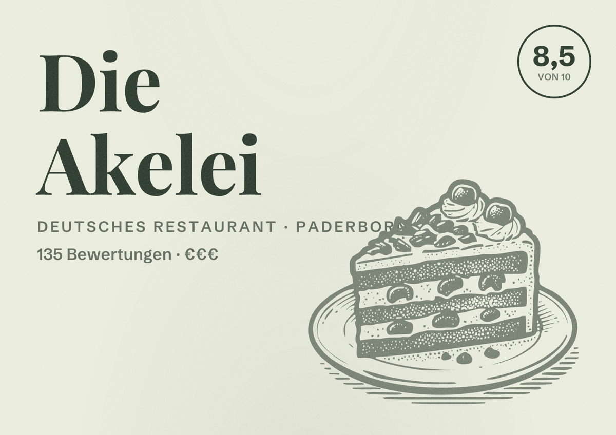 Illustriertes Poster von Die Akelei, Deutsches Restaurant in Paderborn: Bewertung 8,5 von 10 aus 135 Bewertungen, Preisniveau €€€