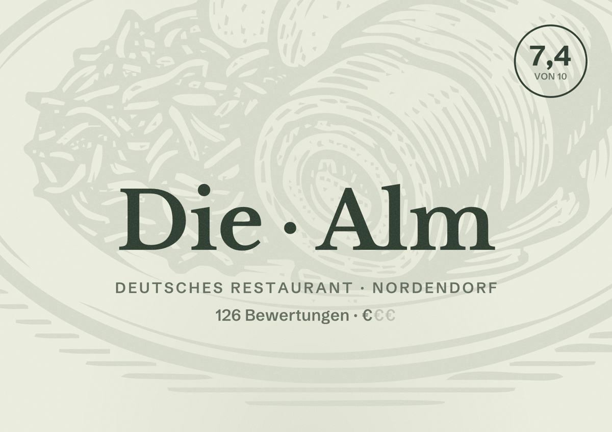 Illustriertes Poster von Die Alm, Deutsches Restaurant in Nordendorf: Bewertung 7,4 von 10 aus 126 Bewertungen, Preisniveau €