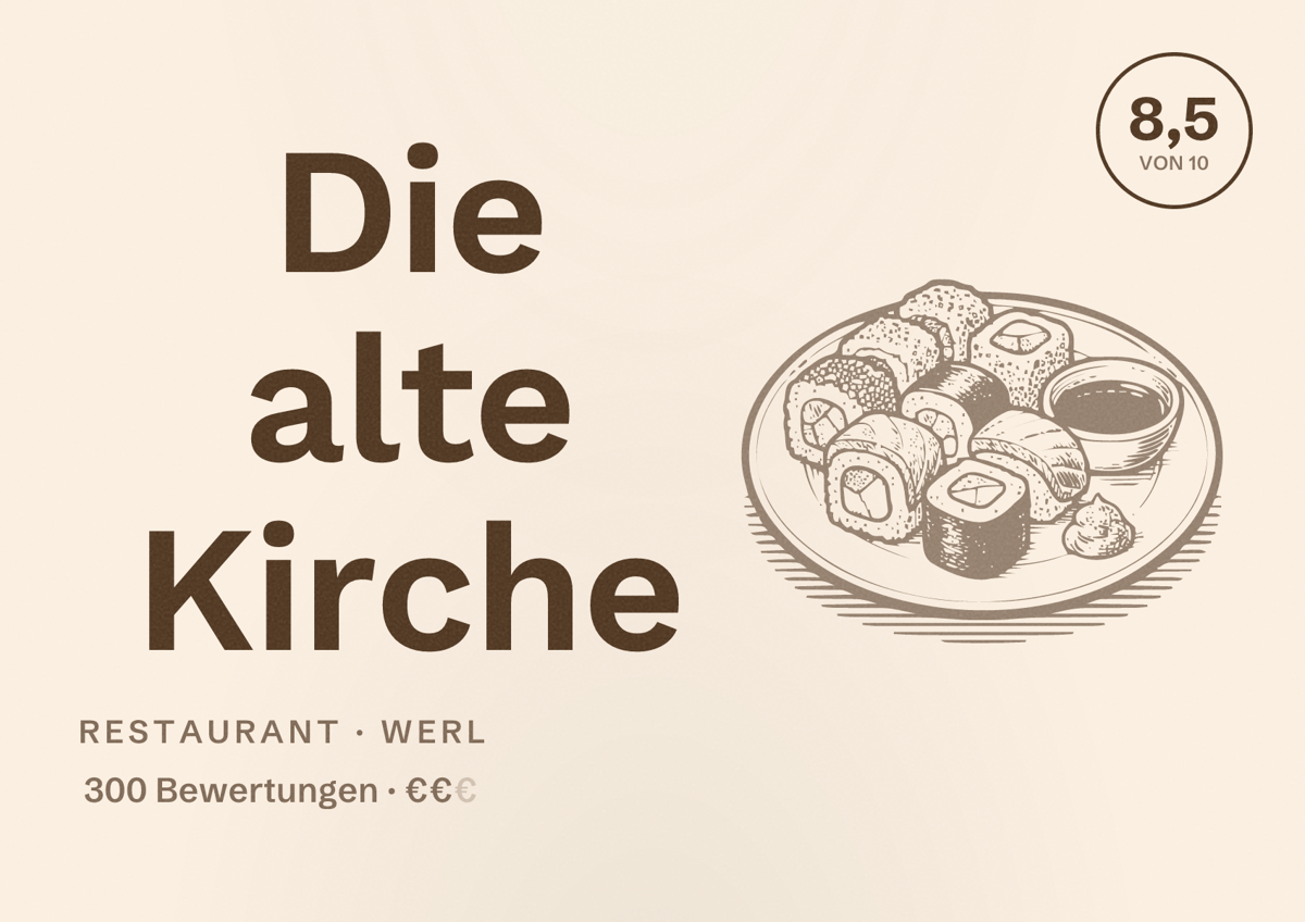 Illustriertes Poster von Die alte Kirche, Restaurant in Werl: Bewertung 8,5 von 10 aus 300 Bewertungen, Preisniveau €€