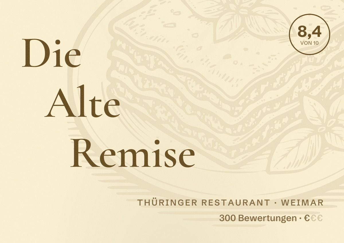Illustriertes Poster von Die Alte Remise, Thüringer Restaurant in Weimar: Bewertung 8,4 von 10 aus 300 Bewertungen, Preisniveau €