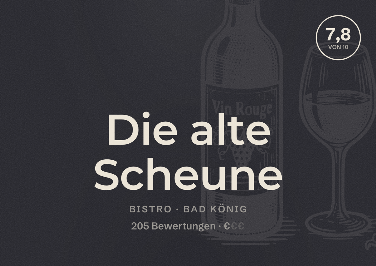 Illustriertes Poster von Die alte Scheune, Bistro in Bad König: Bewertung 7,8 von 10 aus 205 Bewertungen, Preisniveau €