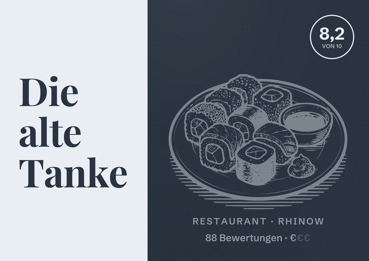 Illustriertes Poster von Die alte Tanke, Restaurant in Rhinow: Bewertung 8,2 von 10 aus 88 Bewertungen, Preisniveau €