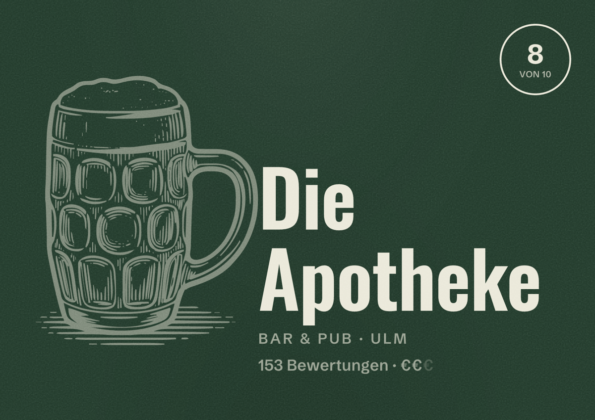 Illustriertes Poster von Die Apotheke, Bar & Pub in Ulm: Bewertung 8 von 10 aus 153 Bewertungen, Preisniveau €€