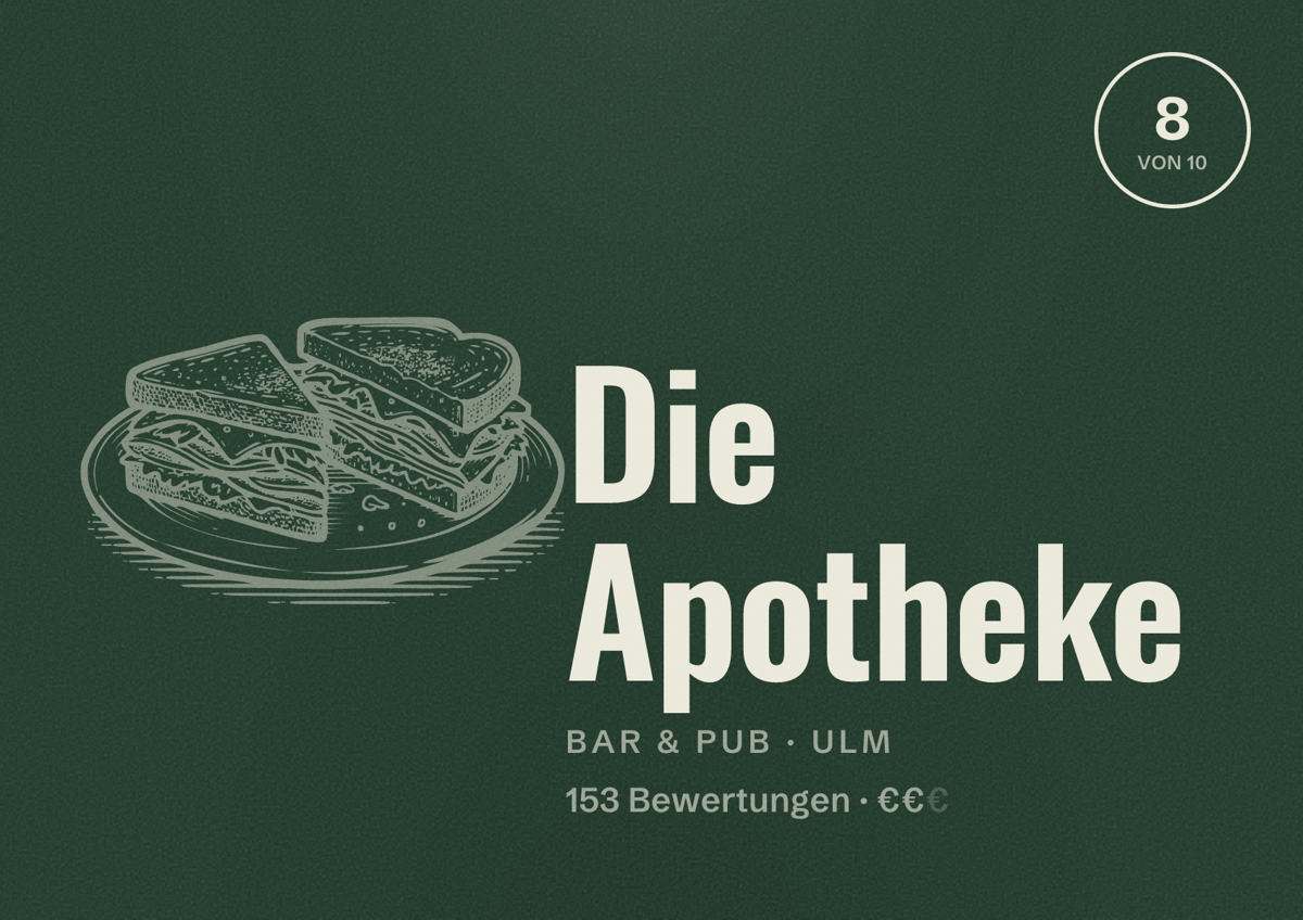 Illustriertes Poster von Die Apotheke, Bar & Pub in Ulm: Bewertung 8 von 10 aus 153 Bewertungen, Preisniveau €€