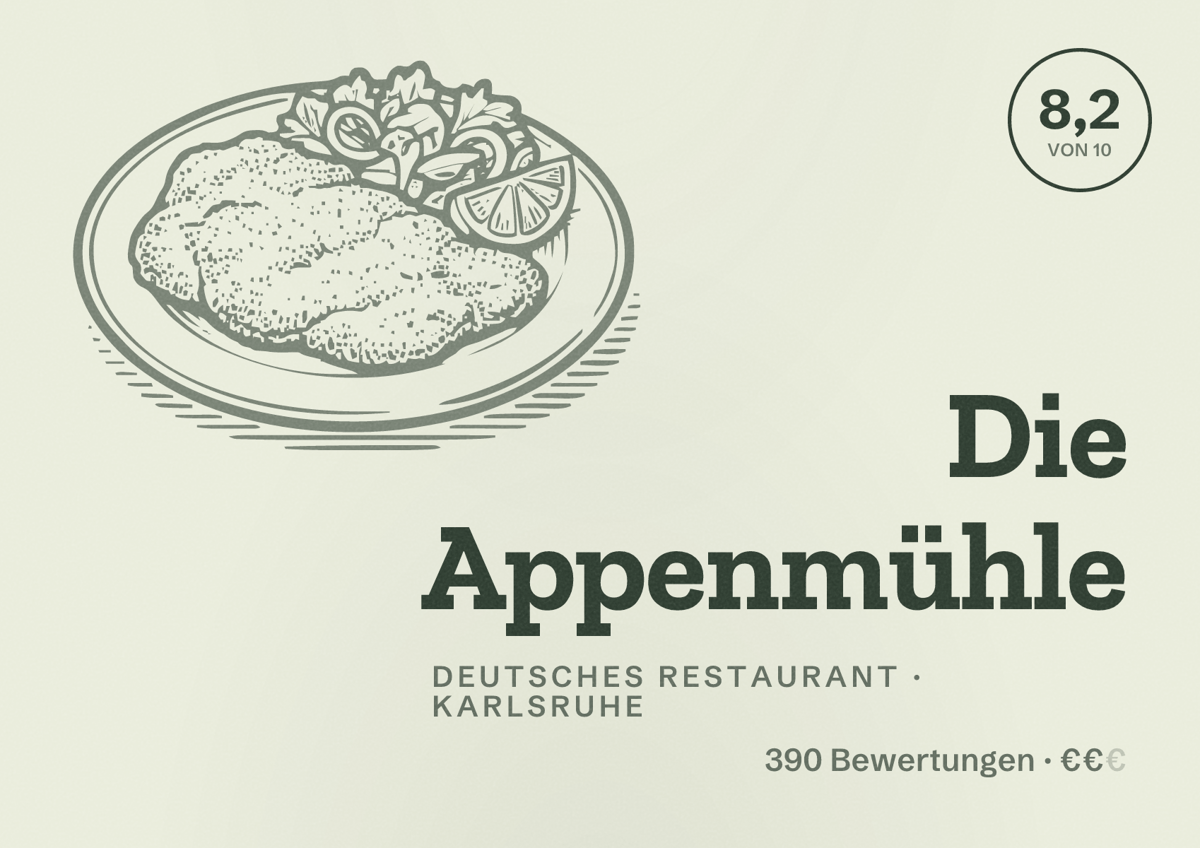 Illustriertes Poster von Die Appenmühle, Deutsches Restaurant in Karlsruhe: Bewertung 8,2 von 10 aus 390 Bewertungen, Preisniveau €€
