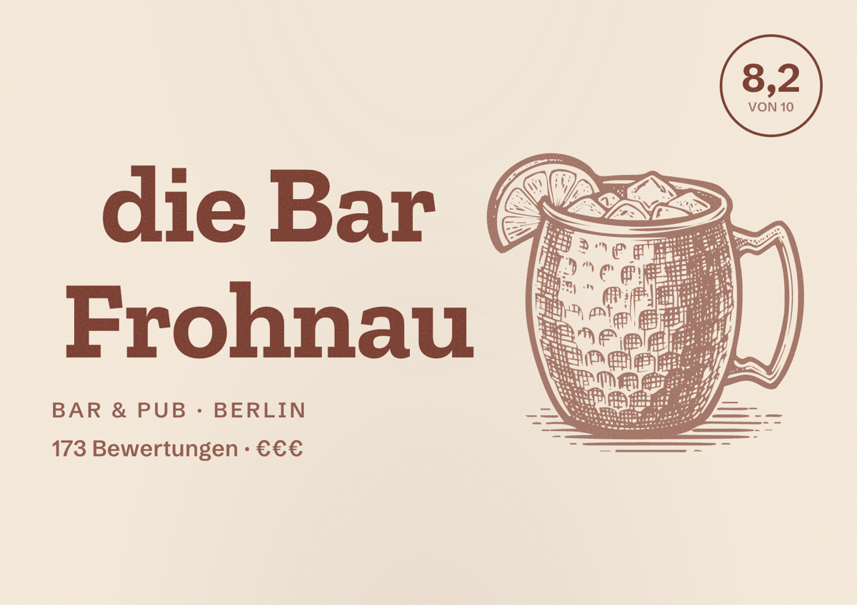 Illustriertes Poster von die Bar Frohnau, Bar & Pub in Berlin: Bewertung 8,2 von 10 aus 173 Bewertungen, Preisniveau €€€