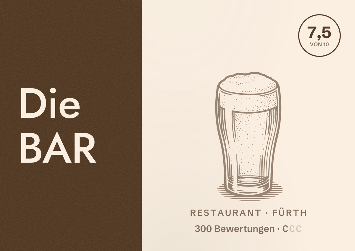 Illustriertes Poster von Die BAR, Restaurant in Fürth: Bewertung 7,5 von 10 aus 300 Bewertungen, Preisniveau €