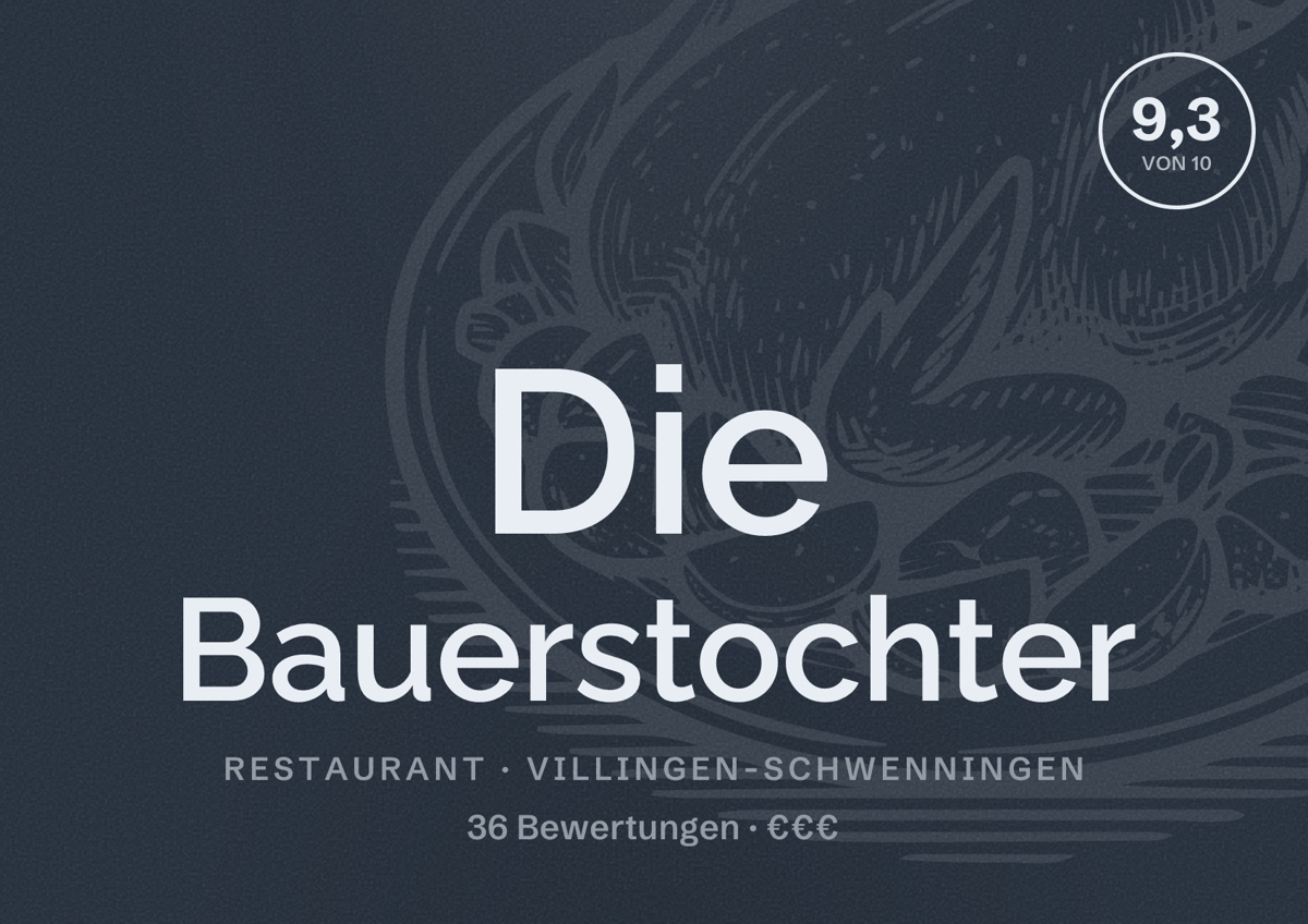 Illustriertes Poster von Die Bauerstochter, Restaurant in Villingen-Schwenningen: Bewertung 9,3 von 10 aus 36 Bewertungen, Preisniveau €€€