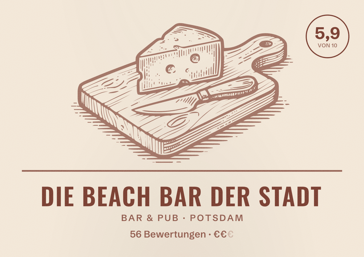 Illustriertes Poster von DIE BEACH BAR DER STADT, Bar & Pub in Potsdam: Bewertung 5,9 von 10 aus 56 Bewertungen, Preisniveau €€