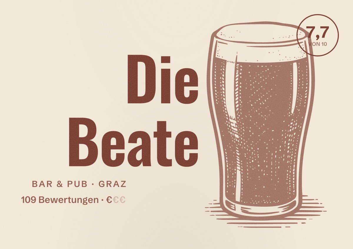 Illustriertes Poster von Die Beate, Bar & Pub in Graz: Bewertung 7,7 von 10 aus 109 Bewertungen, Preisniveau €