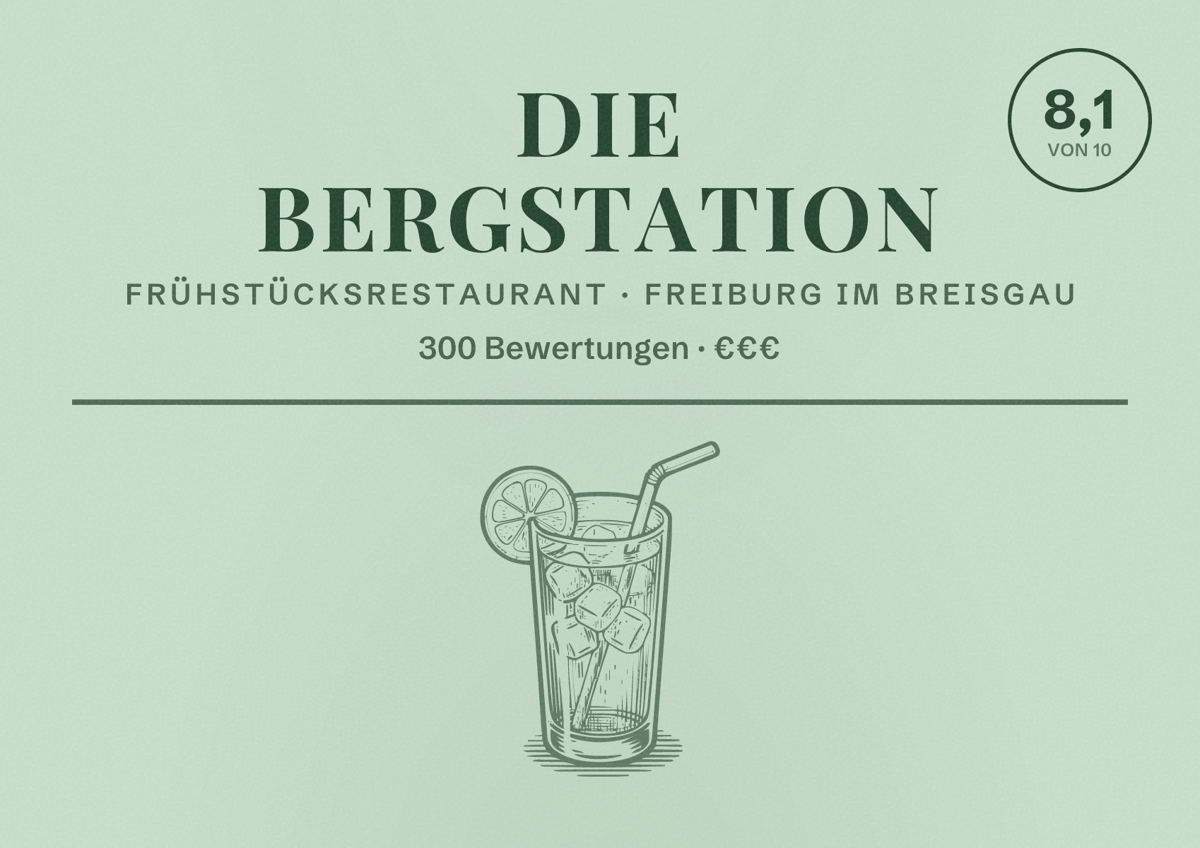 Illustriertes Poster von Die Bergstation, Frühstücksrestaurant in Freiburg im Breisgau: Bewertung 8,1 von 10 aus 300 Bewertungen, Preisniveau €€€
