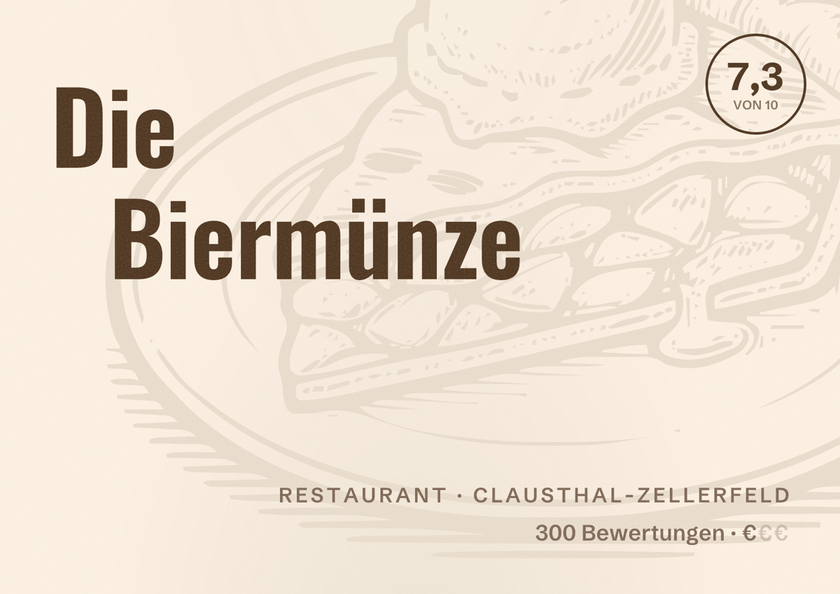 Illustriertes Poster von Die Biermünze, Restaurant in Clausthal-Zellerfeld: Bewertung 7,3 von 10 aus 300 Bewertungen, Preisniveau €