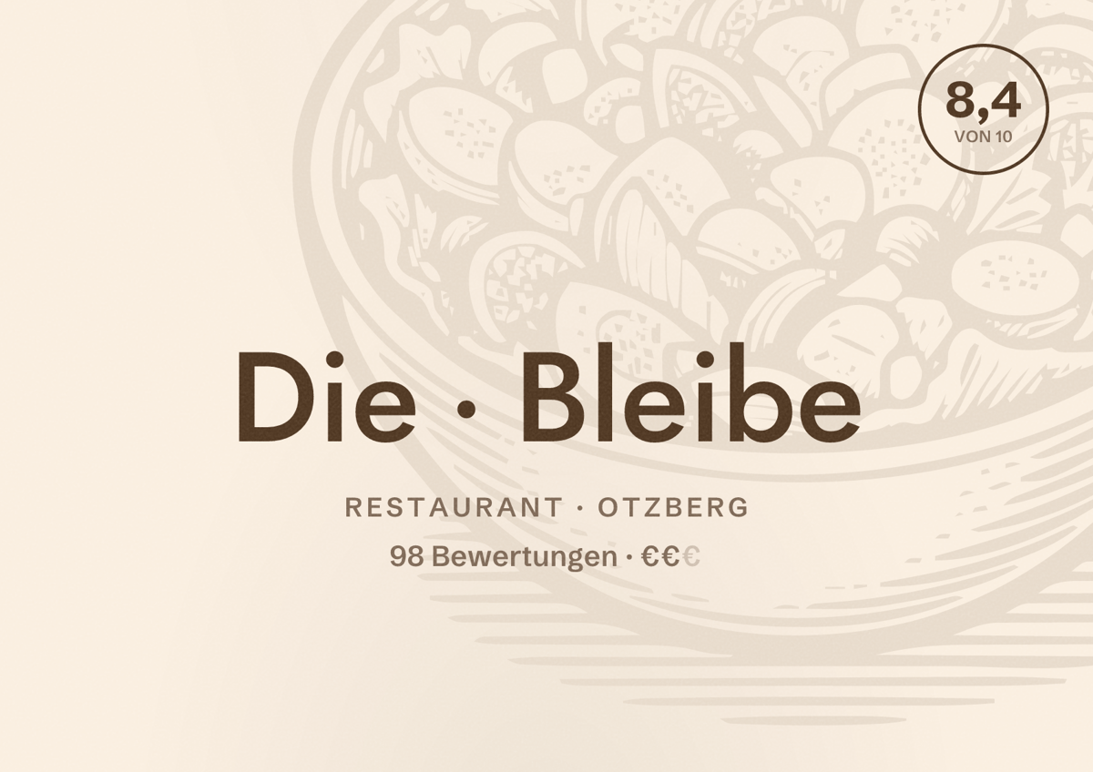 Illustriertes Poster von Die Bleibe, Restaurant in Otzberg: Bewertung 8,4 von 10 aus 98 Bewertungen, Preisniveau €€