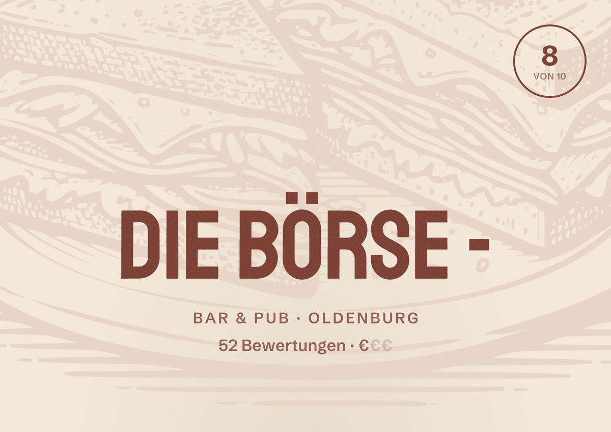 Illustriertes Poster von Die Börse -, Bar & Pub in Oldenburg: Bewertung 8,0 von 10 aus 52 Bewertungen, Preisniveau €