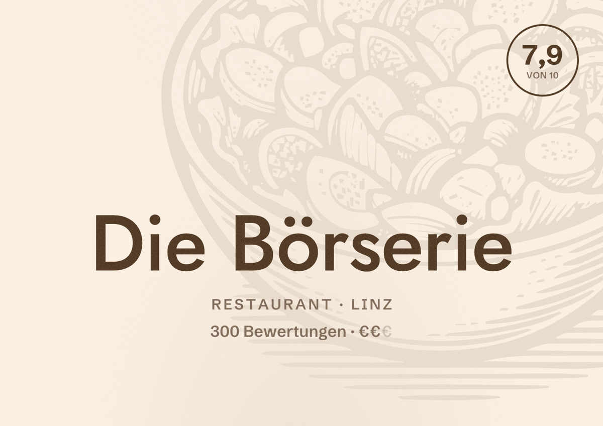 Illustriertes Poster von Die Börserie, Restaurant in Linz: Bewertung 7,9 von 10 aus 300 Bewertungen, Preisniveau €€