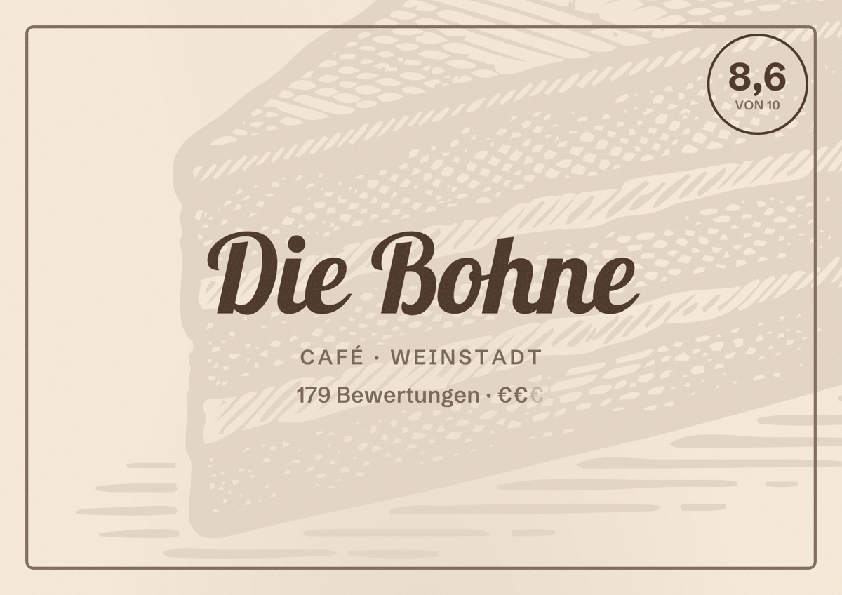 Illustriertes Poster von Die Bohne, Café in Weinstadt: Bewertung 8,6 von 10 aus 179 Bewertungen, Preisniveau €€