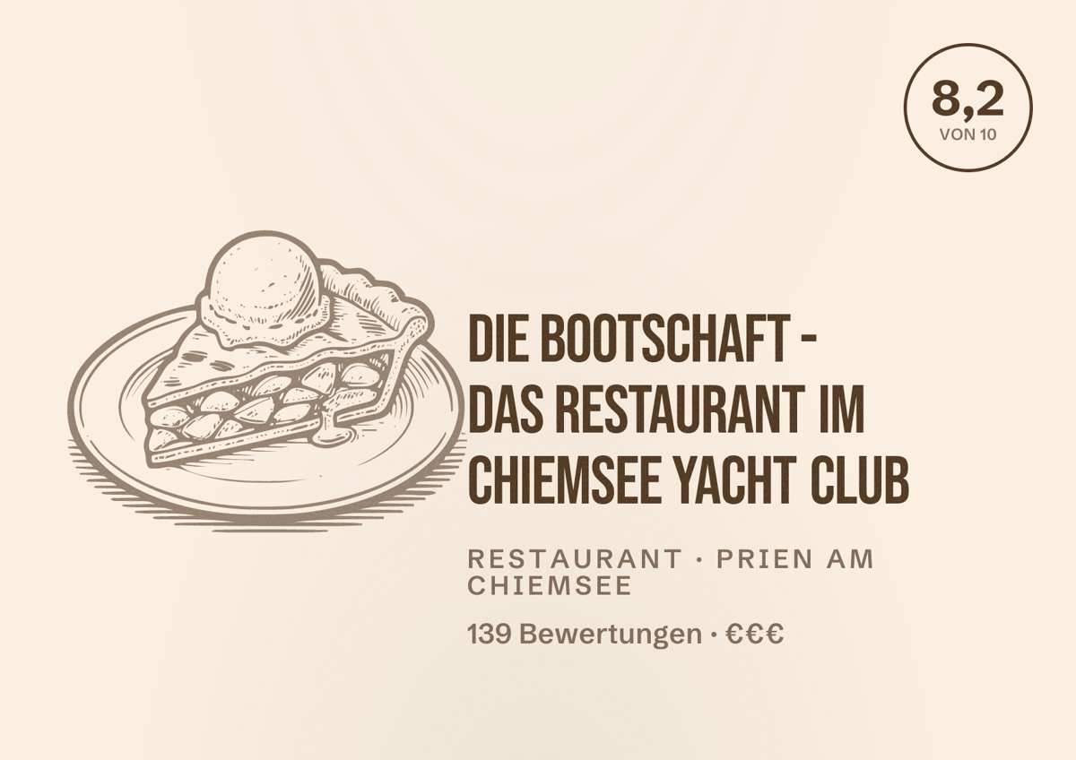 Illustriertes Poster von die bootschaft - das restaurant im chiemsee yacht club, Restaurant in Prien am Chiemsee: Bewertung 8,2 von 10 aus 139 Bewertungen, Preisniveau €€€