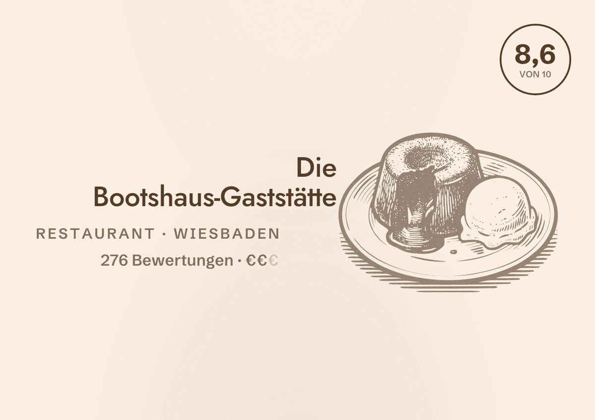 Illustriertes Poster von Die Bootshaus-Gaststätte, Restaurant in Wiesbaden: Bewertung 8,6 von 10 aus 276 Bewertungen, Preisniveau €€