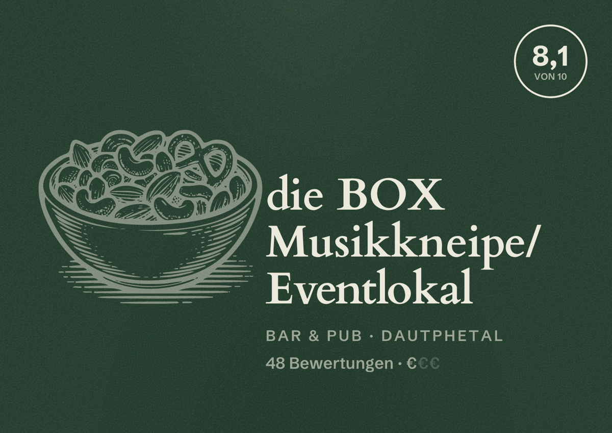Illustriertes Poster von die BOX Musikkneipe/ Eventlokal, Bar & Pub in Dautphetal: Bewertung 8,1 von 10 aus 48 Bewertungen, Preisniveau €