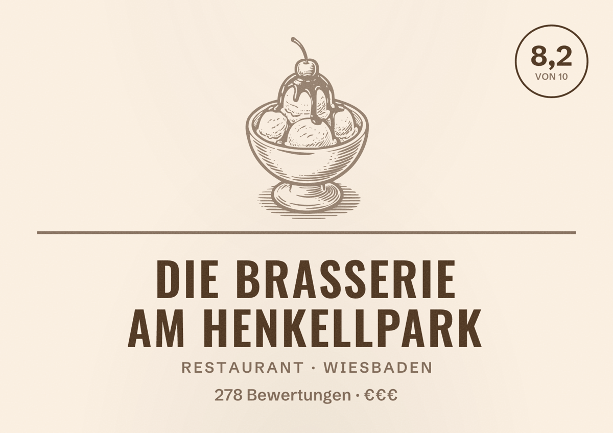 Illustriertes Poster von Die Brasserie am Henkellpark, Restaurant in Wiesbaden: Bewertung 8,2 von 10 aus 278 Bewertungen, Preisniveau €€€