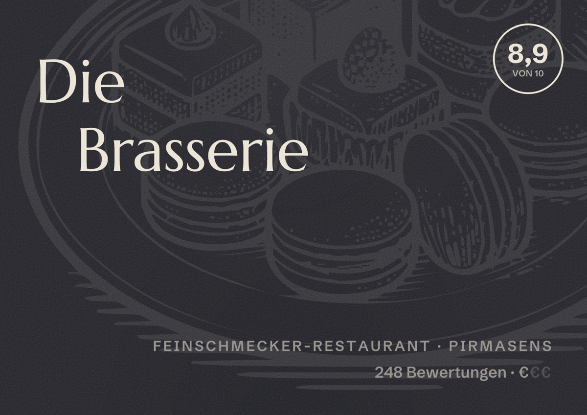 Illustriertes Poster von Die Brasserie, Feinschmecker-Restaurant in Pirmasens: Bewertung 8,9 von 10 aus 248 Bewertungen, Preisniveau €