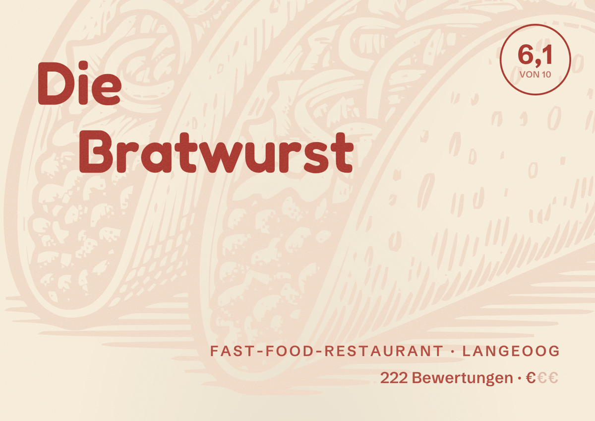Illustriertes Poster von Die Bratwurst, Fast-Food-Restaurant in Langeoog: Bewertung 6,1 von 10 aus 222 Bewertungen, Preisniveau €