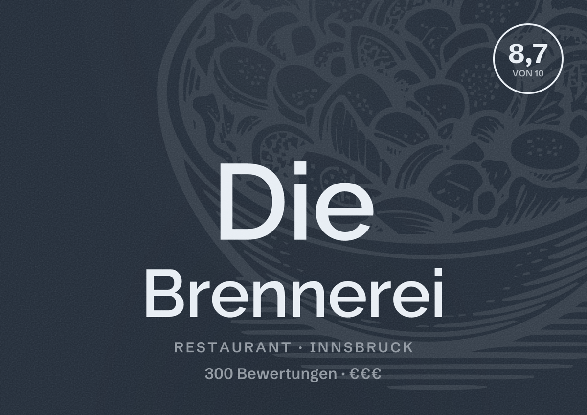 Illustriertes Poster von Die Brennerei, Restaurant in Innsbruck: Bewertung 8,7 von 10 aus 300 Bewertungen, Preisniveau €€€