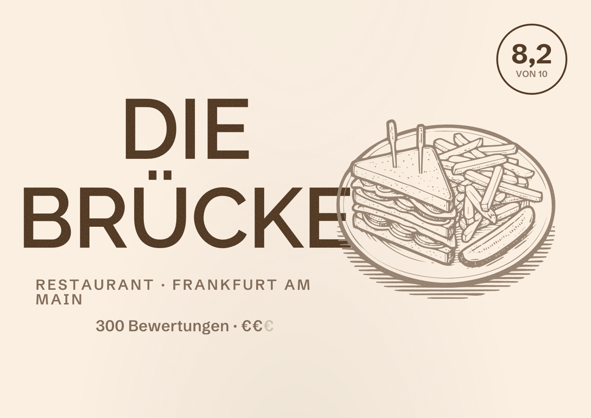 Illustriertes Poster von DIE BRÜCKE, Restaurant in Frankfurt am Main: Bewertung 8,2 von 10 aus 300 Bewertungen, Preisniveau €€