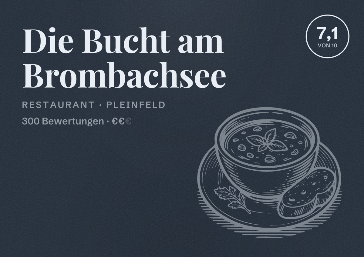 Illustriertes Poster von Die Bucht am Brombachsee, Restaurant in Pleinfeld: Bewertung 7,1 von 10 aus 300 Bewertungen, Preisniveau €€