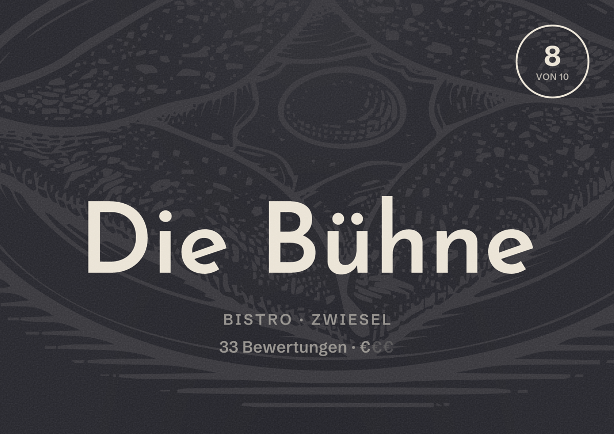 Illustriertes Poster von Die Bühne, Bistro in Zwiesel: Bewertung 8 von 10 aus 33 Bewertungen, Preisniveau €
