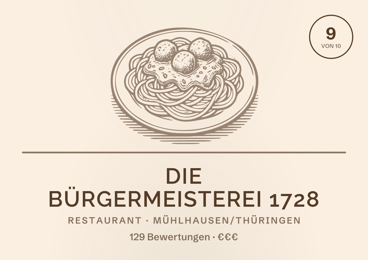Illustriertes Poster von Die Bürgermeisterei 1728, Restaurant in Mühlhausen/Thüringen: Bewertung 9 von 10 aus 129 Bewertungen, Preisniveau €€€