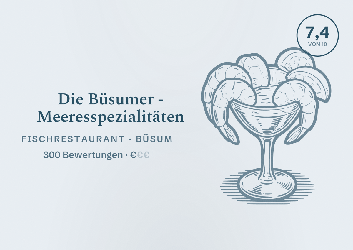 Illustriertes Poster von Die Büsumer - Meeresspezialitäten, Fischrestaurant in Büsum: Bewertung 7,4 von 10 aus 300 Bewertungen, Preisniveau €