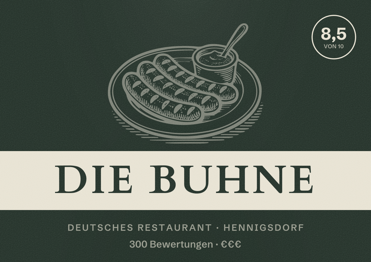 Illustriertes Poster von Die Buhne, Deutsches Restaurant in Hennigsdorf: Bewertung 8,5 von 10 aus 300 Bewertungen, Preisniveau €€€