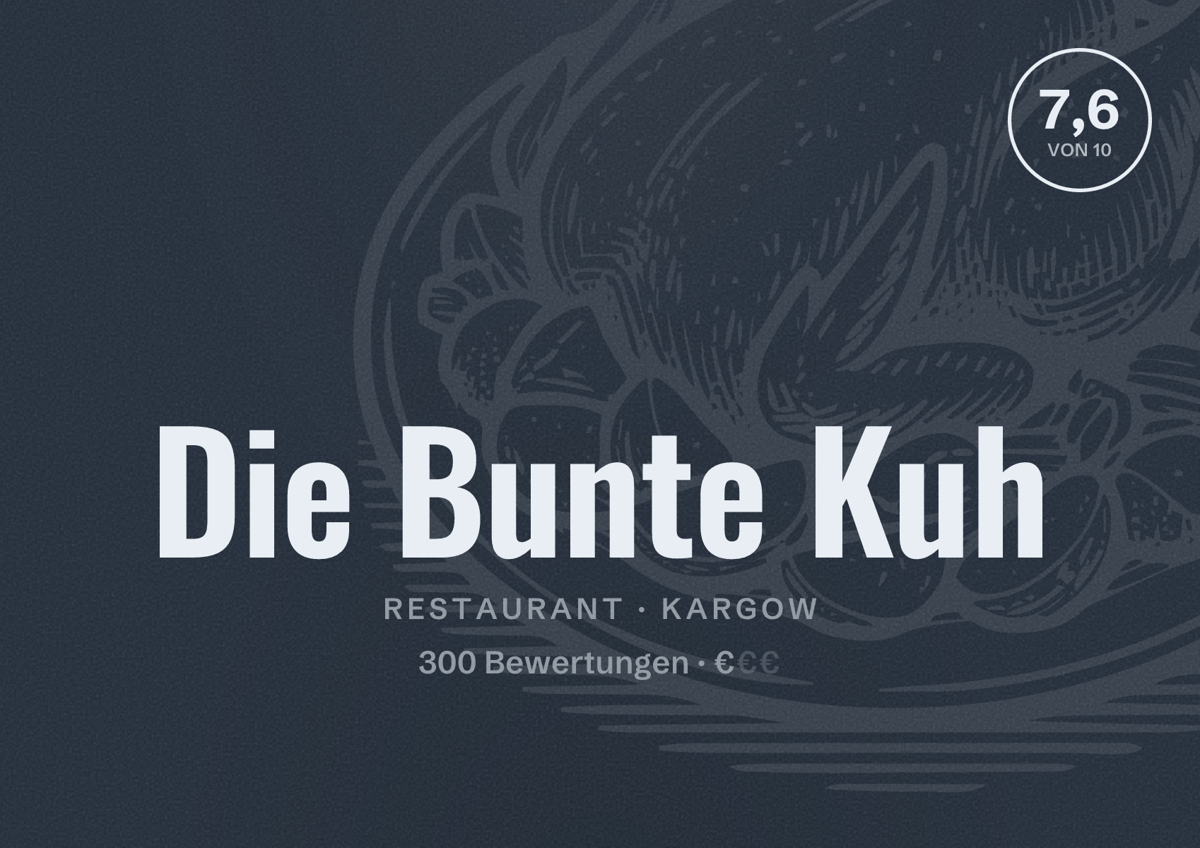 Illustriertes Poster von Die Bunte Kuh, Restaurant in Kargow: Bewertung 7,6 von 10 aus 300 Bewertungen, Preisniveau €