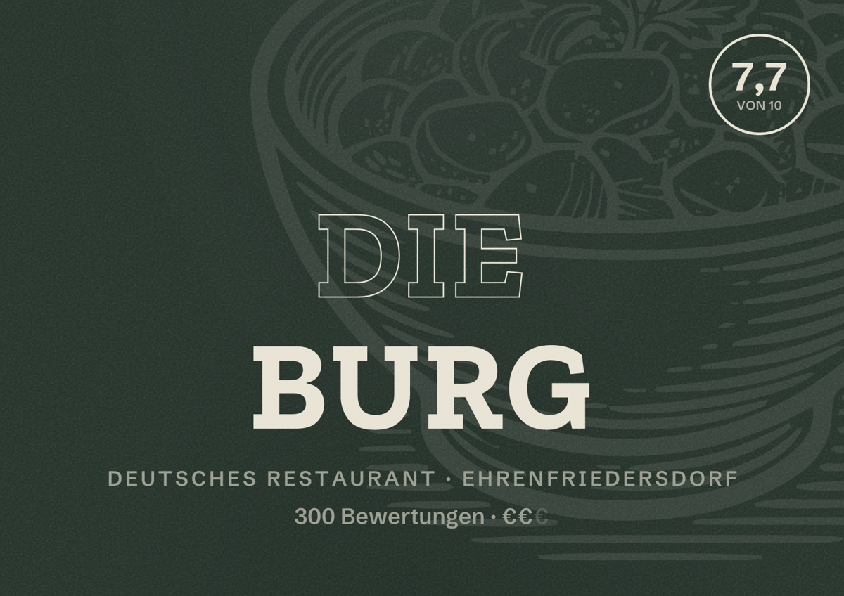 Illustriertes Poster von Die Burg, Deutsches Restaurant in Ehrenfriedersdorf: Bewertung 7,7 von 10 aus 300 Bewertungen, Preisniveau €€
