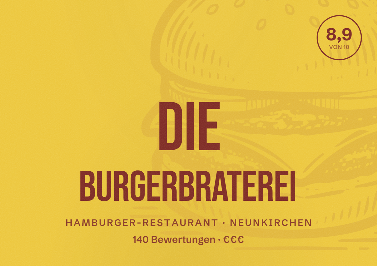Illustriertes Poster von Die Burgerbraterei, Hamburger-Restaurant in Neunkirchen: Bewertung 8,9 von 10 aus 140 Bewertungen, Preisniveau €€€