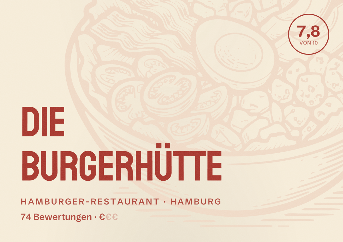 Illustriertes Poster von Die Burgerhütte, Hamburger-Restaurant in Hamburg: Bewertung 7,8 von 10 aus 74 Bewertungen, Preisniveau €