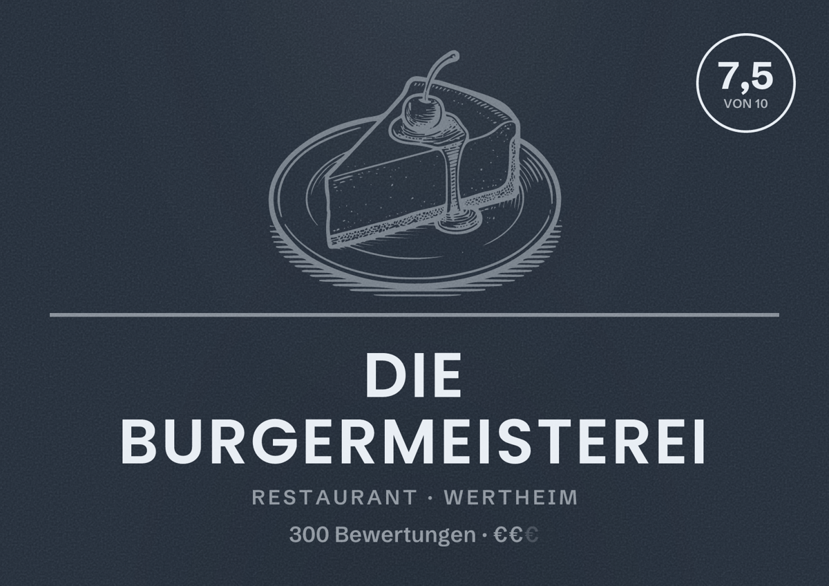 Illustriertes Poster von Die Burgermeisterei, Restaurant in Wertheim: Bewertung 7,5 von 10 aus 300 Bewertungen, Preisniveau €€