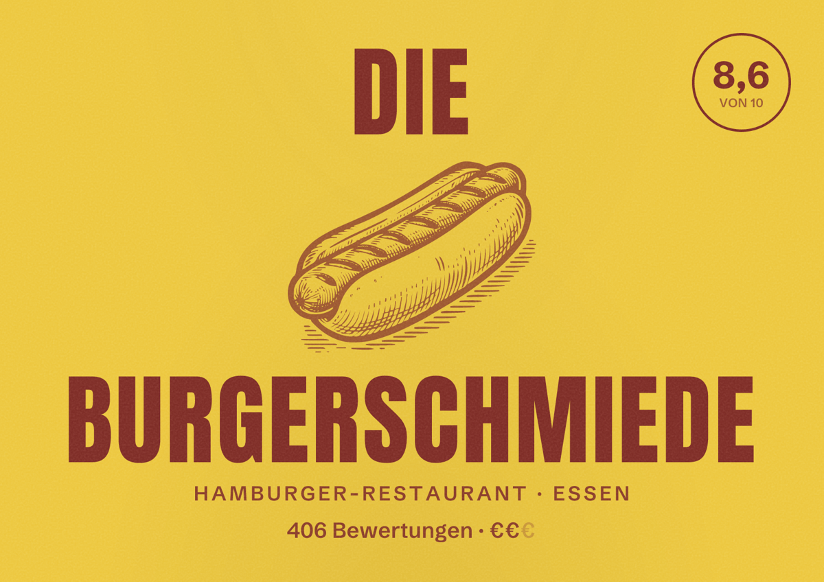 Illustriertes Poster von Die Burgerschmiede, Hamburger-Restaurant in Essen: Bewertung 8,6 von 10 aus 406 Bewertungen, Preisniveau €€