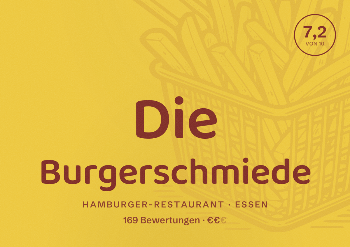 Illustriertes Poster von Die Burgerschmiede, Hamburger-Restaurant in Essen: Bewertung 7,2 von 10 aus 169 Bewertungen, Preisniveau €€
