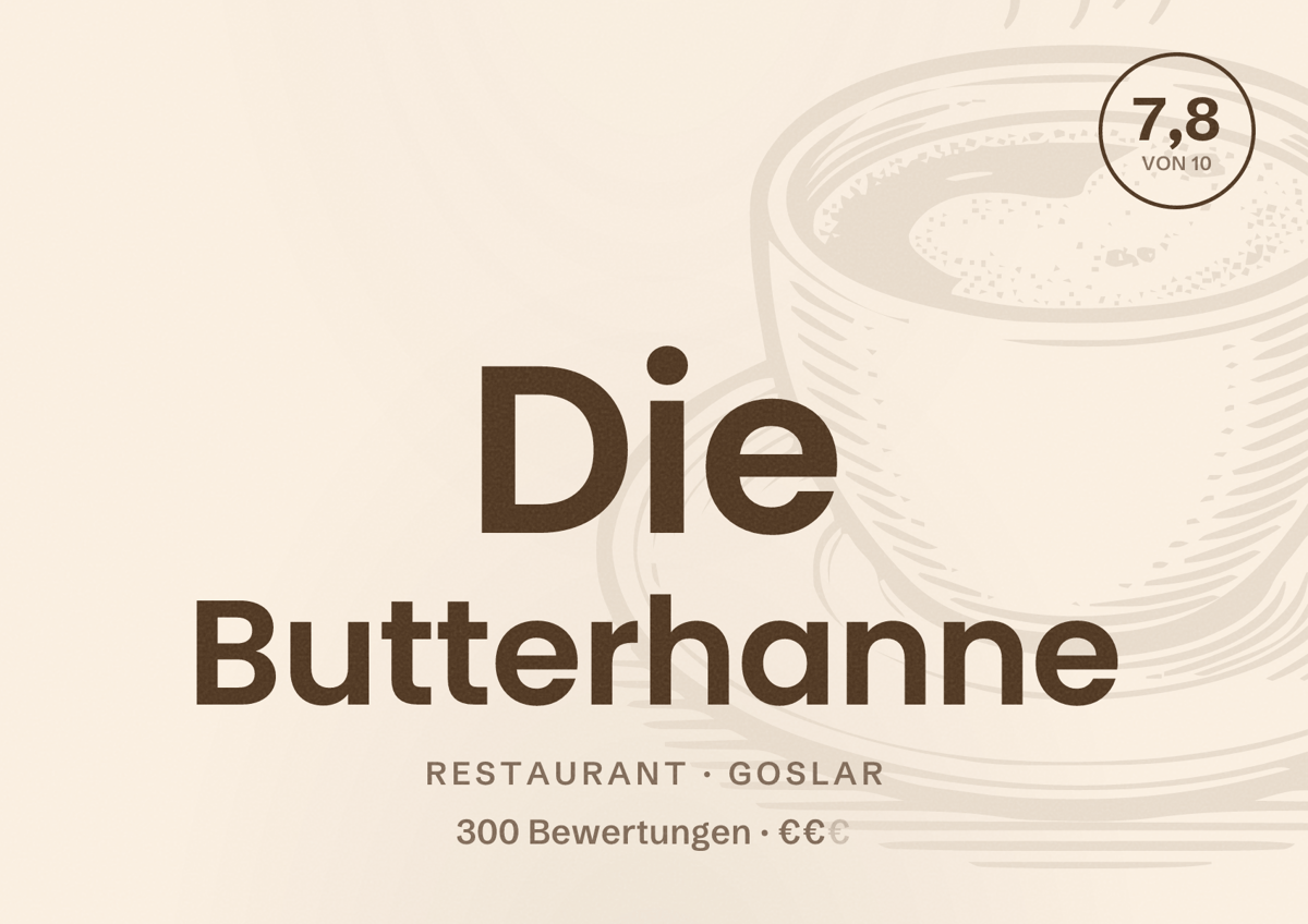 Illustriertes Poster von Die Butterhanne, Restaurant in Goslar: Bewertung 7,8 von 10 aus 300 Bewertungen, Preisniveau €€