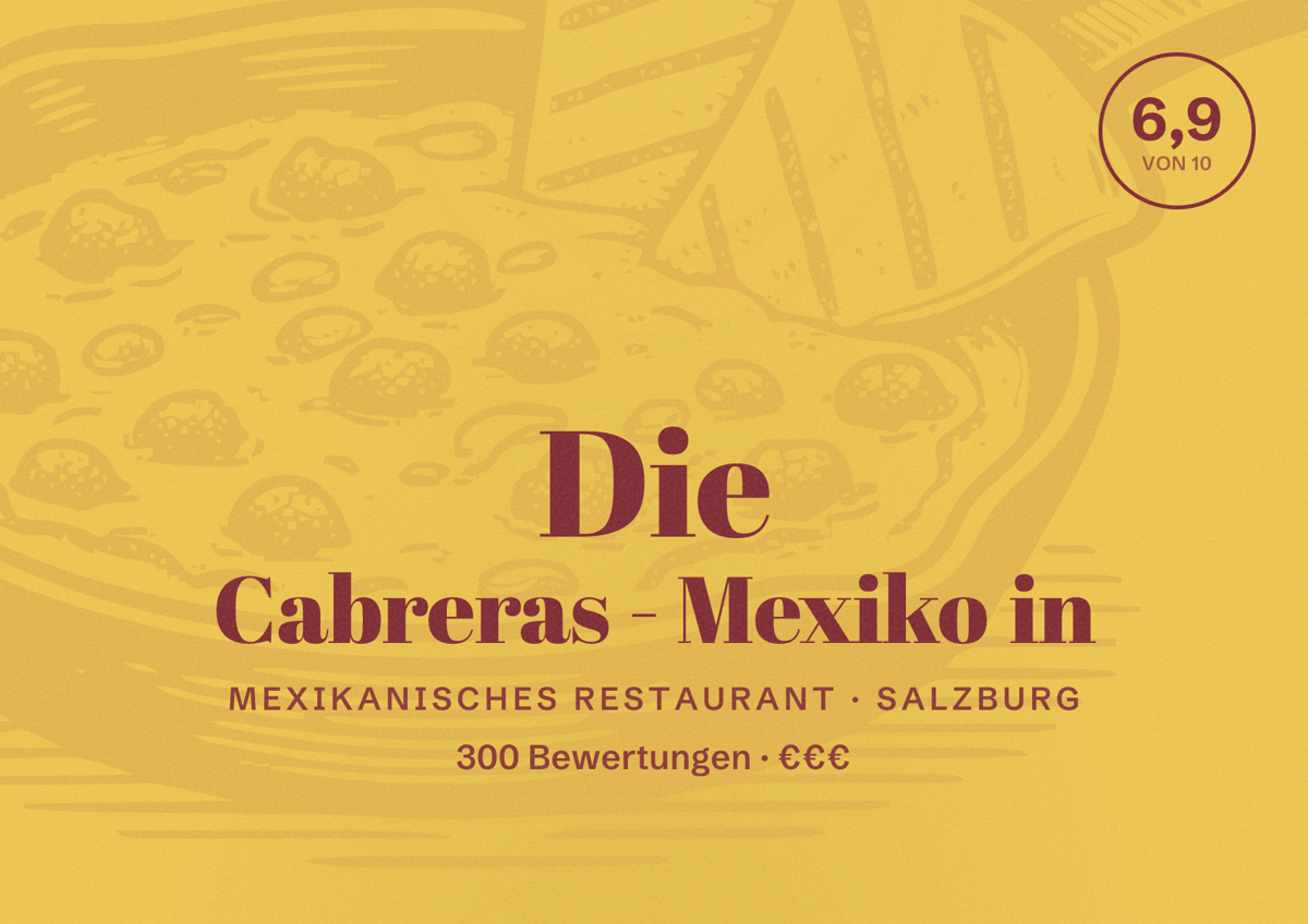 Illustriertes Poster von Die Cabreras - Mexiko in, Mexikanisches Restaurant in Salzburg: Bewertung 6,9 von 10 aus 300 Bewertungen, Preisniveau €€€