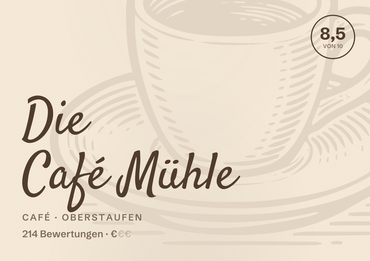 Illustriertes Poster von Die Café Mühle, Café in Oberstaufen: Bewertung 8,5 von 10 aus 214 Bewertungen, Preisniveau €