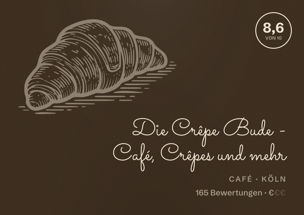 Illustriertes Poster von Die Crêpe Bude - Café, Crêpes und mehr, Café in Köln: Bewertung 8,6 von 10 aus 165 Bewertungen, Preisniveau €