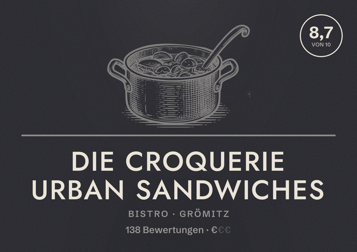 Illustriertes Poster von Die Croquerie Urban Sandwiches, Bistro in Grömitz: Bewertung 8,7 von 10 aus 138 Bewertungen, Preisniveau €