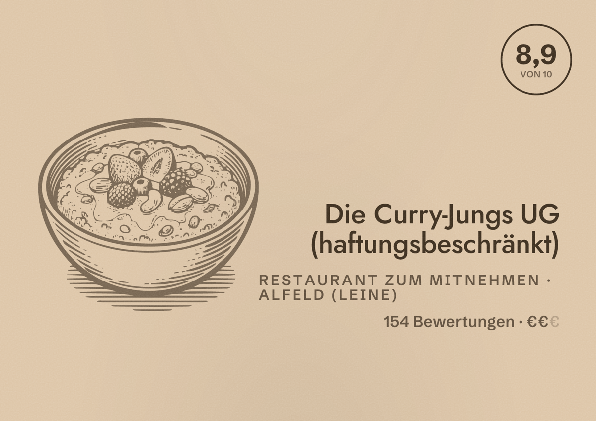 Illustriertes Poster von Die Curry-Jungs UG (haftungsbeschränkt), Restaurant zum Mitnehmen in Alfeld (Leine): Bewertung 8,9 von 10 aus 154 Bewertungen, Preisniveau €€
