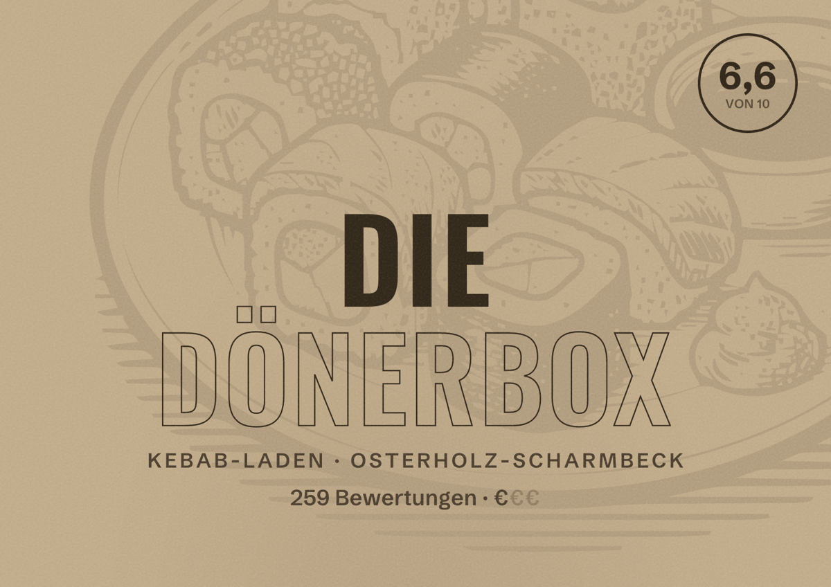 Illustriertes Poster von Die DönerBox, Kebab-Laden in Osterholz-Scharmbeck: Bewertung 6,6 von 10 aus 259 Bewertungen, Preisniveau €
