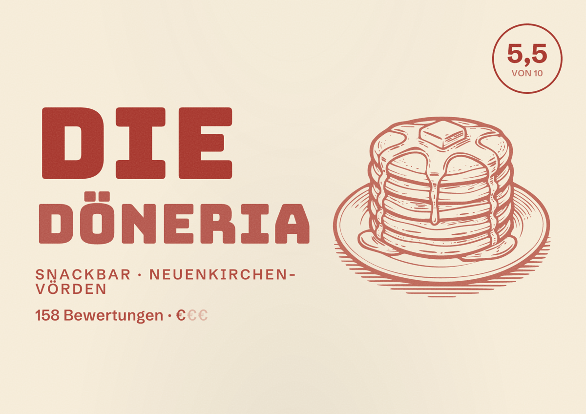 Illustriertes Poster von Die Döneria, Snackbar in Neuenkirchen-Vörden: Bewertung 5,5 von 10 aus 158 Bewertungen, Preisniveau €